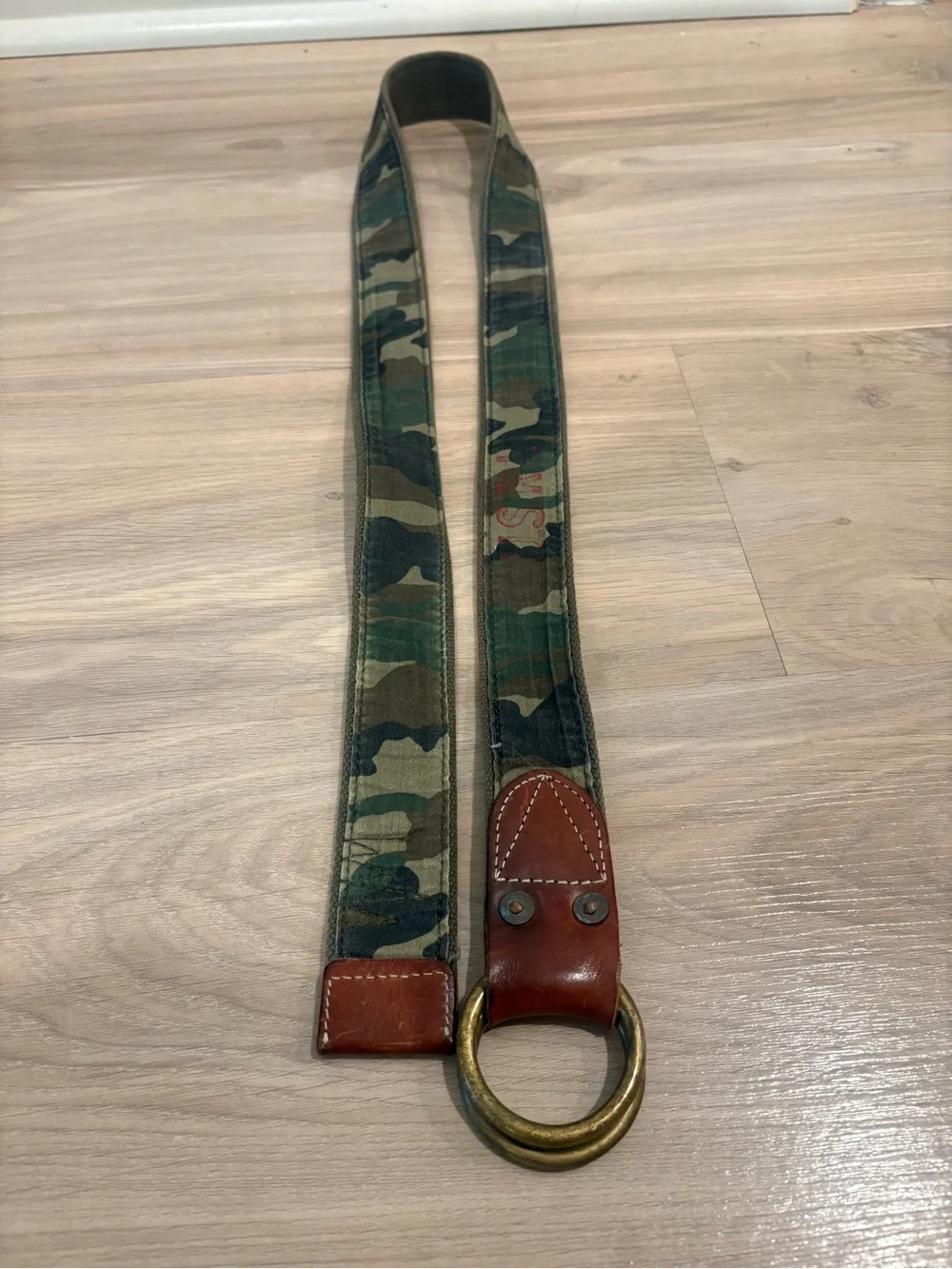 Polo by Ralph Lauren Camouflage Canvas Belt with Brown Leather and Brass D-Rings
